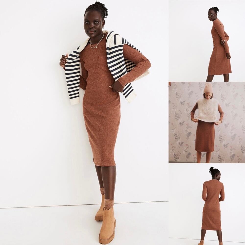 Madewell Long Sleeve Pocket Knit Ribbed Knee Length Stretchy Dress